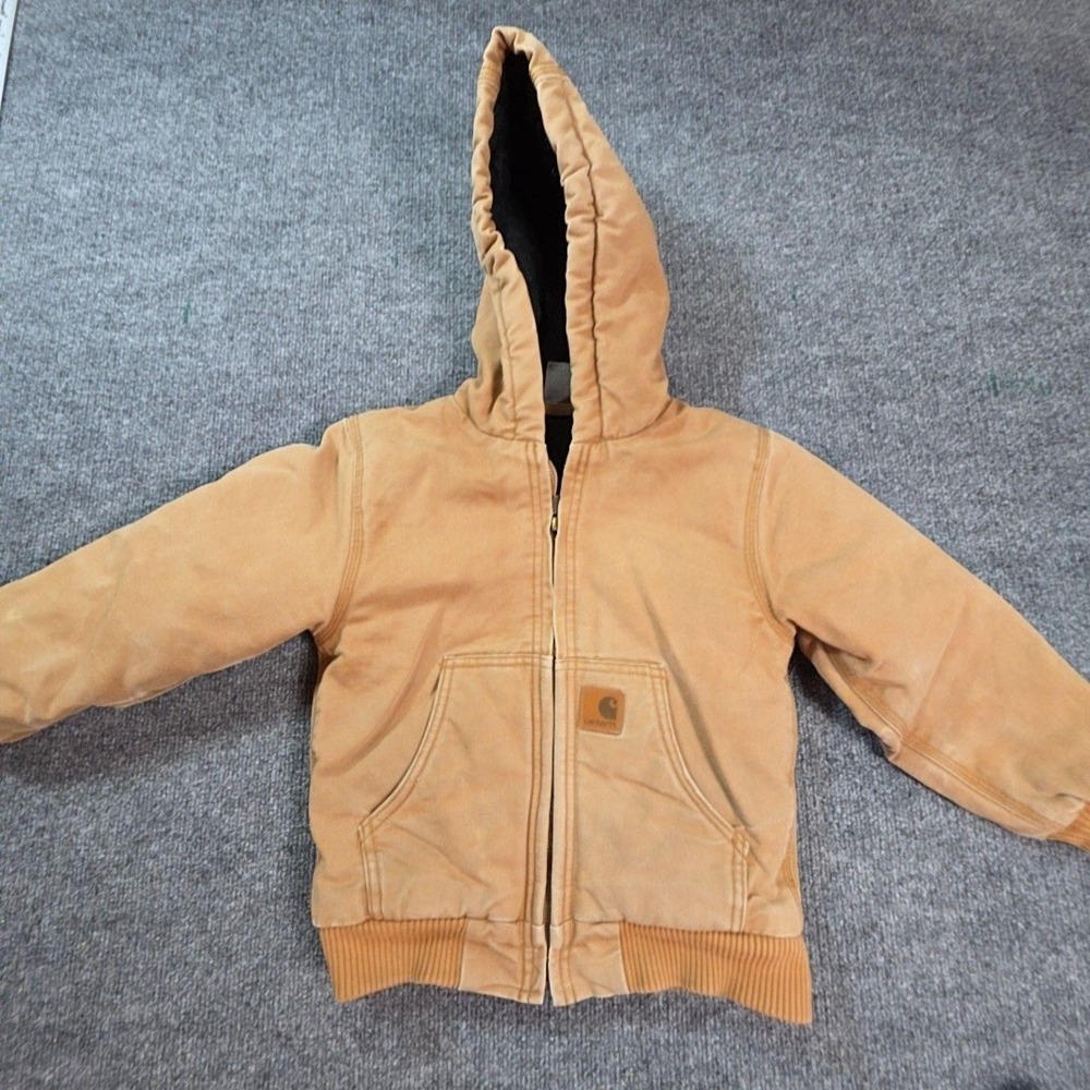 Carhartt Jacket Kids 6 Brown Canvas Hooded Full Zip Quilted Workwear Bomber XS
